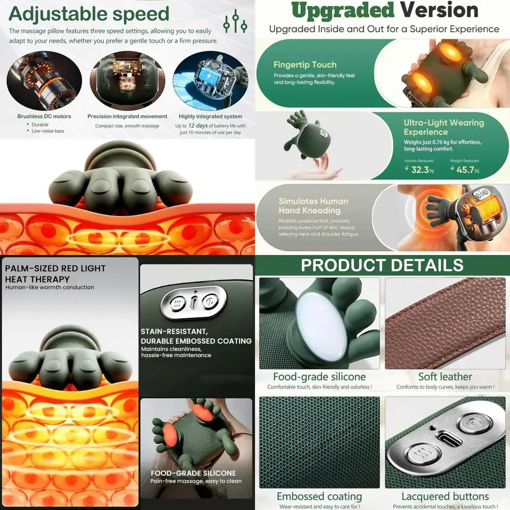 Masajeador Shiatsu Inalámbrico 4D de Tejido Profundo con Calor para Relajación de Cuello, Hombros y Espalda (Verde)