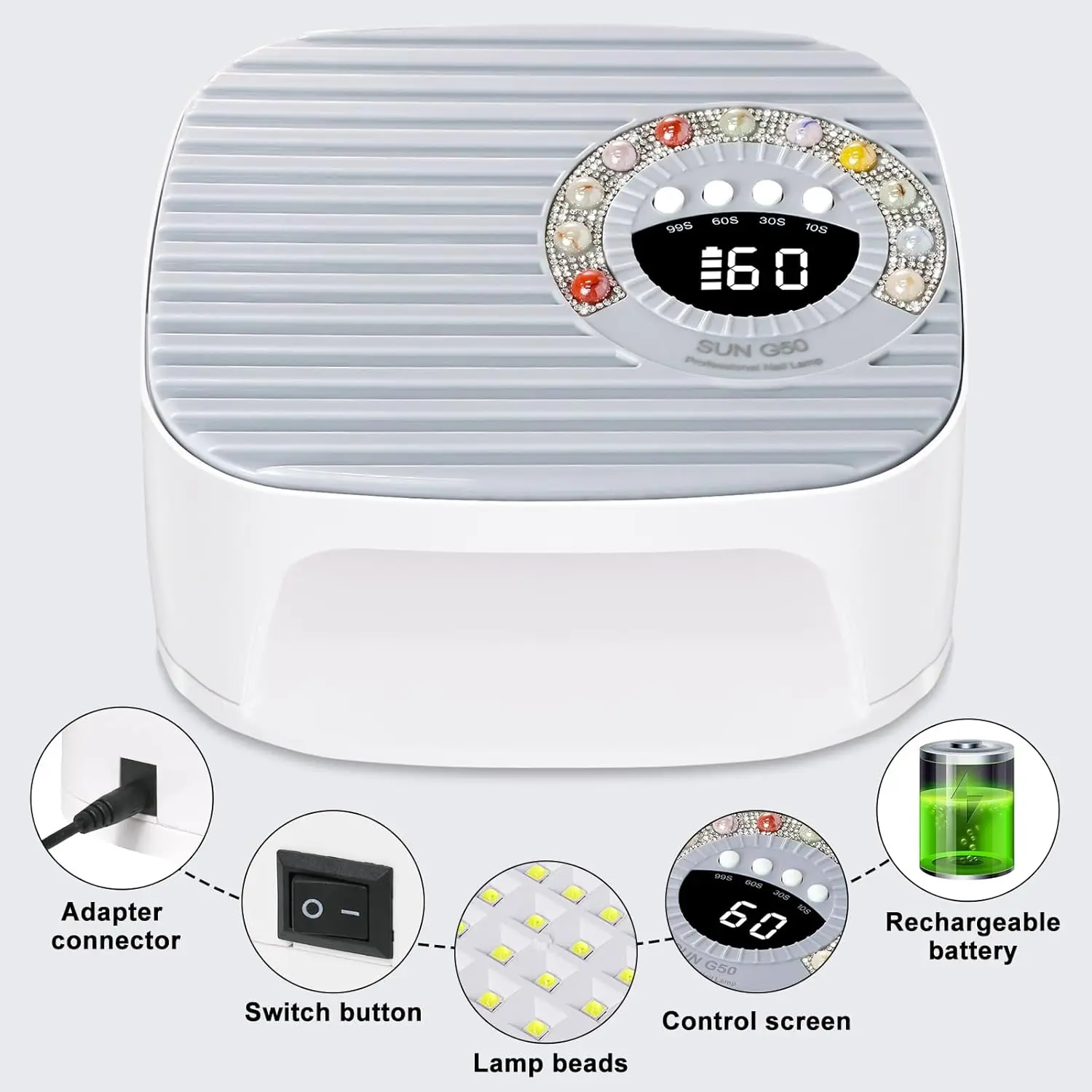 UV LED Nail Lamp Kit with 45PCS Beads, Gloves, Rechargeable for Gel Polish Curing