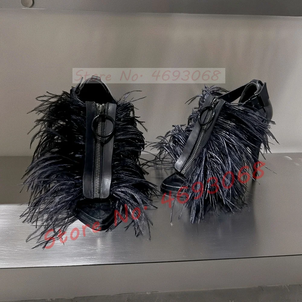 

Black Ostrich Feather Stiletto Sandals Women Stylish Front Zipper Open Pointy Toe Flowing Fur Shoes Lady Ankle Strap Cover Heel