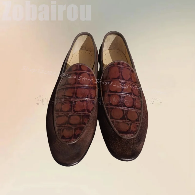 Brown Crocodile Print Patchwork Penny Loafers Fashion Slip On Men Shoes Luxurious Handmade Party Banquet Office Men Dress Shoes