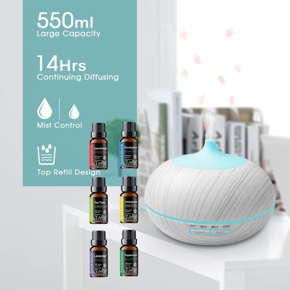 

Luxury Spa-Grade Ultrasonic Diffuser 550ml Capacity, Remote Controlled Wood Finish Humidifier + 7 Color LED Lights (Includes 6