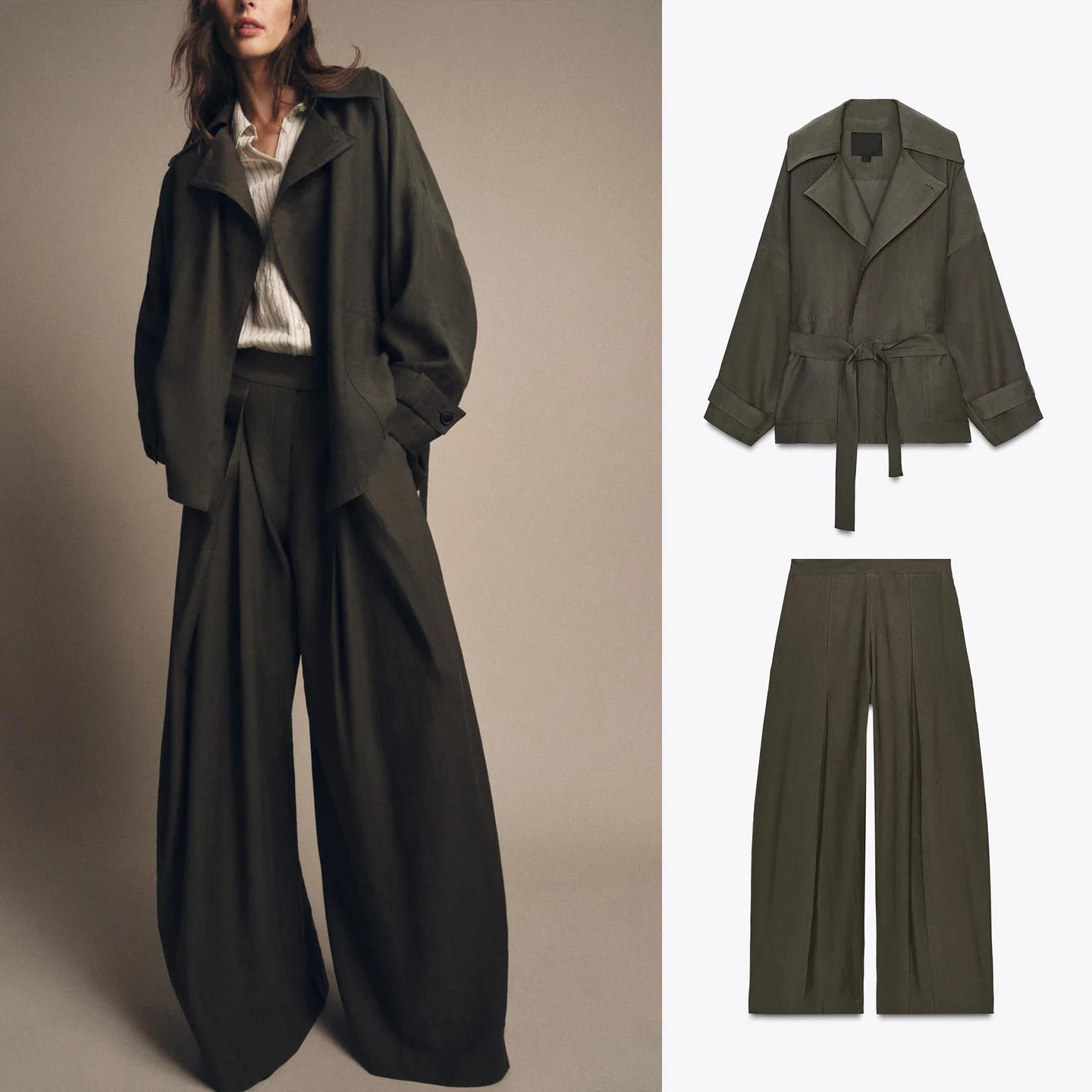 

Женская длинная куртка Ele с длинным светом на заказ, плиссированной передней частью и поясом, брюки прямого кроя, осенний комплект Faion 2025