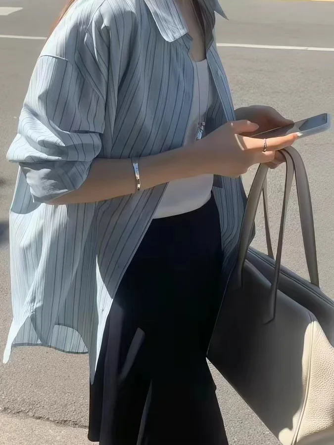 

Женская рубашка Slim Fit в полоску, свободного кроя, в стиле Lazy Style, тонкая, с защитой от солнца, с длинным рукавом, топ Dongda Gate Ouce, простая хлопковая рубашка