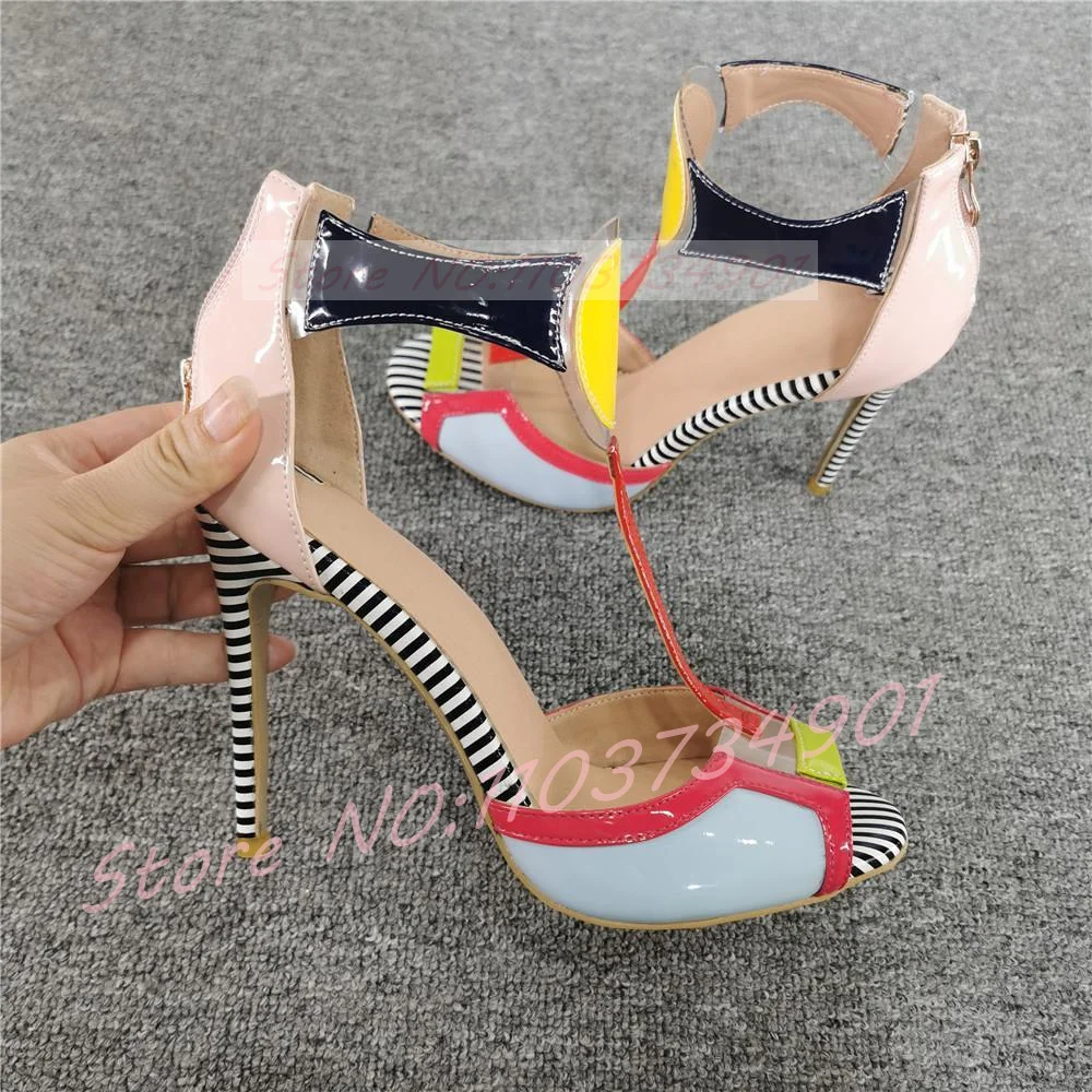Mischfarben Römische Sandalen Frauen Casual Offene spitze Knöchel Riemen T-Bar Runde Kappe Stiletto High Heels Schuhe Dame party Trendy Sandalen