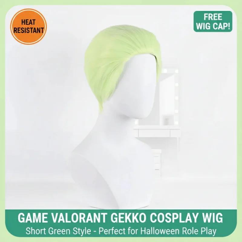 

▶❤Valorant Gekko Cosplay Wig Short Green Heat Resistant Synthetic Hair Halloween Role Play Wigs with Wig Cap❤◀