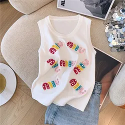 Summer All-match Slim-fitting Hot Girl Thin Sexy Sleeveless Pure Seductive Rhinestone-embellished Letter Knitted Camisole Top