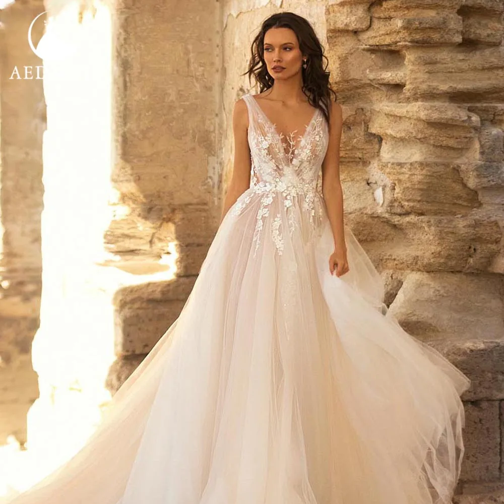 

Aedmgh Stunning Beach Wedding Dresses 2024 V-Neck Sleeveless A-Line Court Train Vestido De Novia Elegant Appliques Bridal Gowns