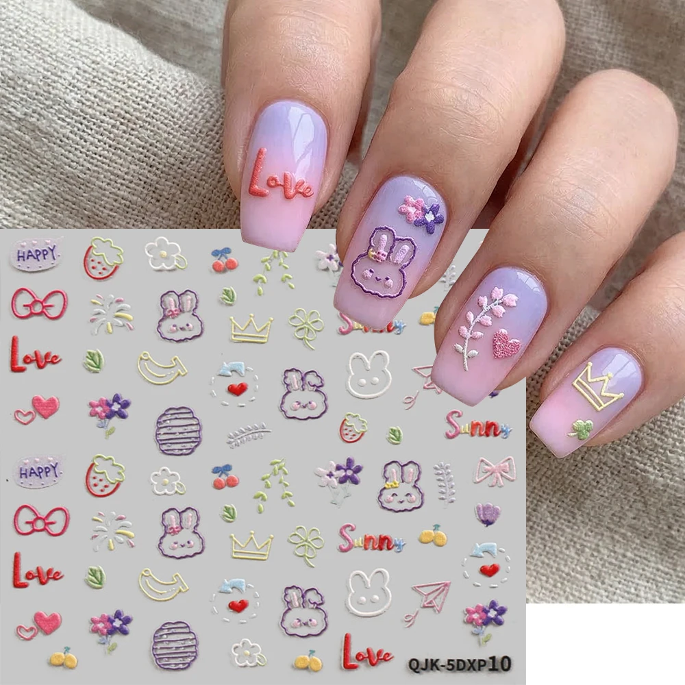1 Stück Niedliche Cartoon 5D Nagelkunst-Aufkleber mit Hasen, Fliege, Bier und Bikini-Mustern, Kreative Nageldekorationen für DIY-Maniküre