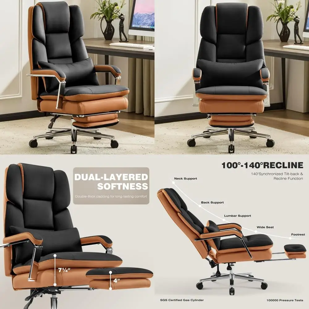 Krzesło biurowe skórzane, rozkładane, o dużej wydajności, udźwig 227 kg (500 lbs), dla osób wysokich i o dużym wzroście, z podnóżkiem i szerokim siedziskiem zapewniającym komfortowe siedzenie przy biurku.