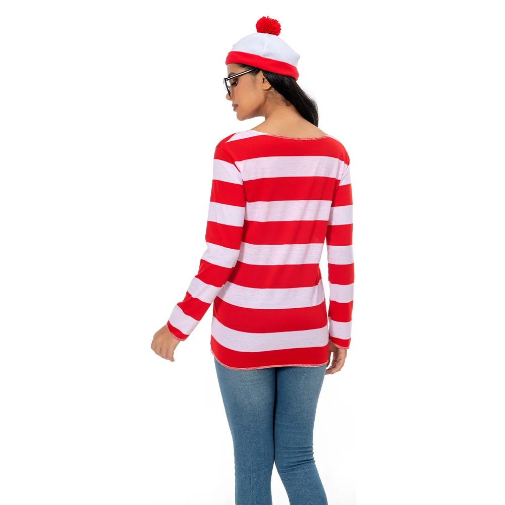 Disfraz de Cosplay para hombre y mujer, camisa a rayas rojas y blancas, sombrero, gafas, trajes, traje de fiesta de Carnaval de Halloween