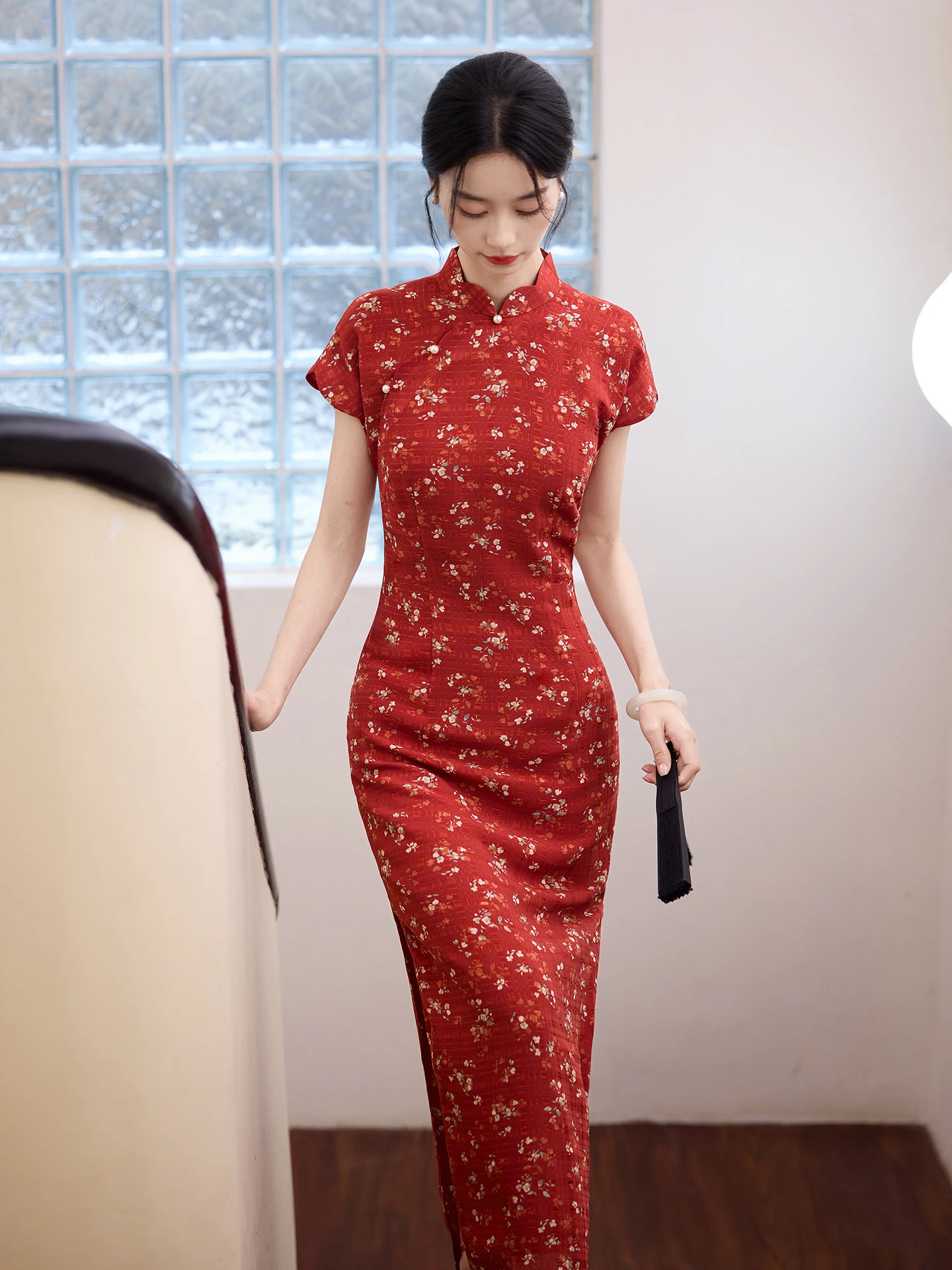 

Red Young Host Evening Gown anghai Vintage Sle Long Qipao Dr Polyester Fiber Low Slit ort Sve Floral...