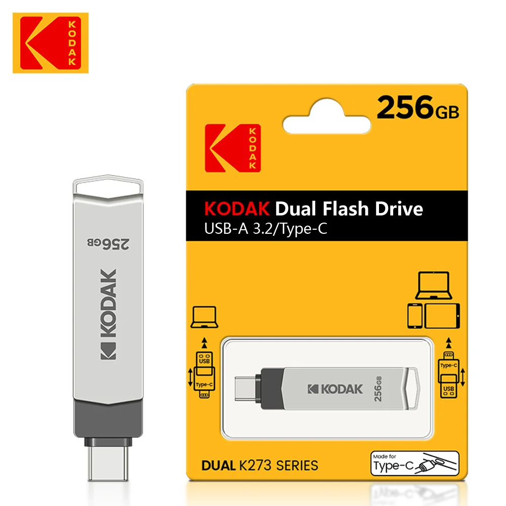 Диск Kodak Metal 3.2 CU может вращаться на 360° °   Универсальный мобильный телефон для ноутбука 2-в-1 USB-Type-C с металлической текстурой и высокой скоростью.