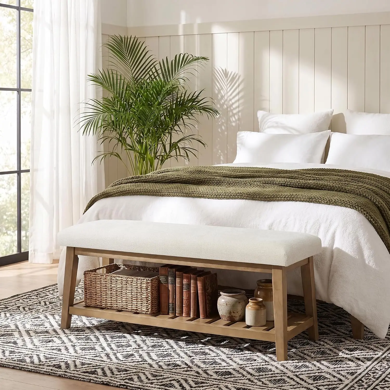 Entryway Shoe Bench, End of Bed Bench,Upholstered Bench(Beige)