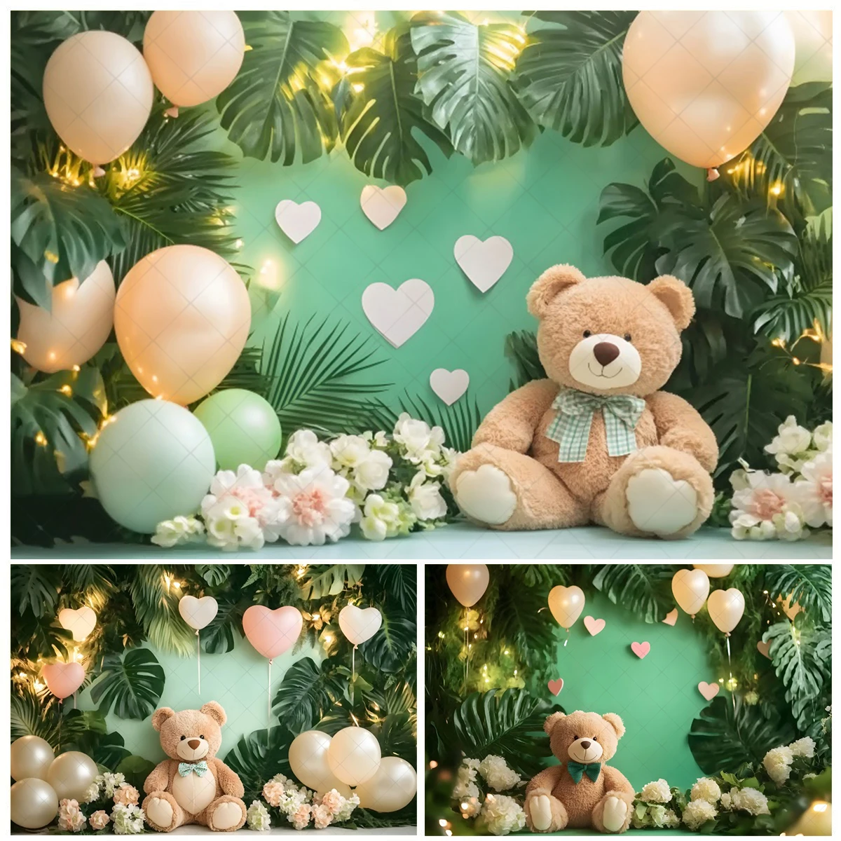 

Newborn Baby 1st Birthday Backdrop For Photography Toy Bear Balloon Green Leaves Baby Shower Background Decor Photo Studio Props