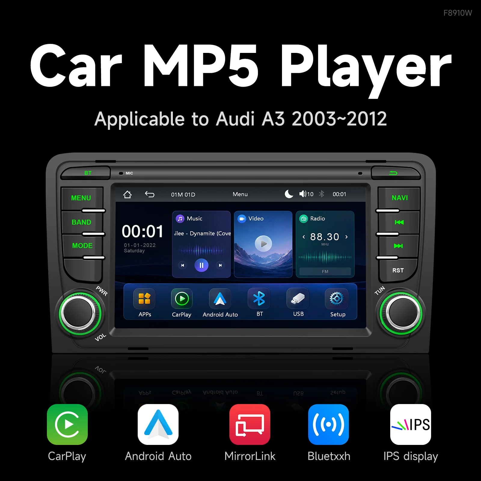 BQCC 7 Inch MP5 Car Stereo For Audi A3/S3/RS3 2003‑2012 Wireless CarPlay Android Auto BT SWC RDS FM AM USB RCA Backup Camera