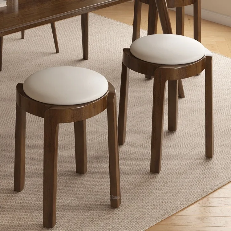 Stackable Solid Wood Stool with Cushion, Round Seat for Dining & Vanity, Sturdy Bench for Home
