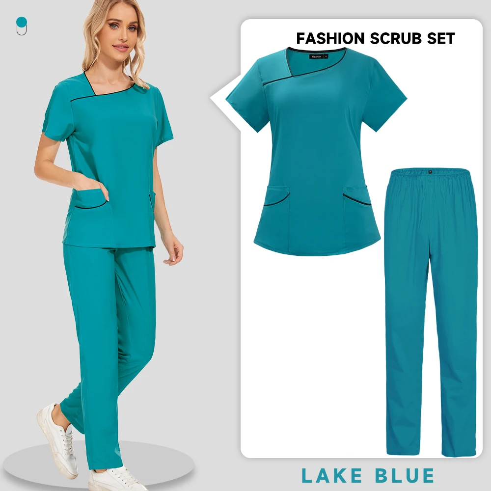 Morbido sottile moda Scrub abiti dentale ospedale uniforme tinta unita abbigliamento da lavoro medico Unisex camice chirurgico tasca Scrub Top pantaloni