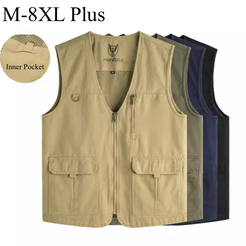 8xl-プラスサイズメンズマルチポケットワークベスト純粋な綿カジュアルノースリーブジャケットチョッキ屋外ハイキングスポーツ釣りベスト