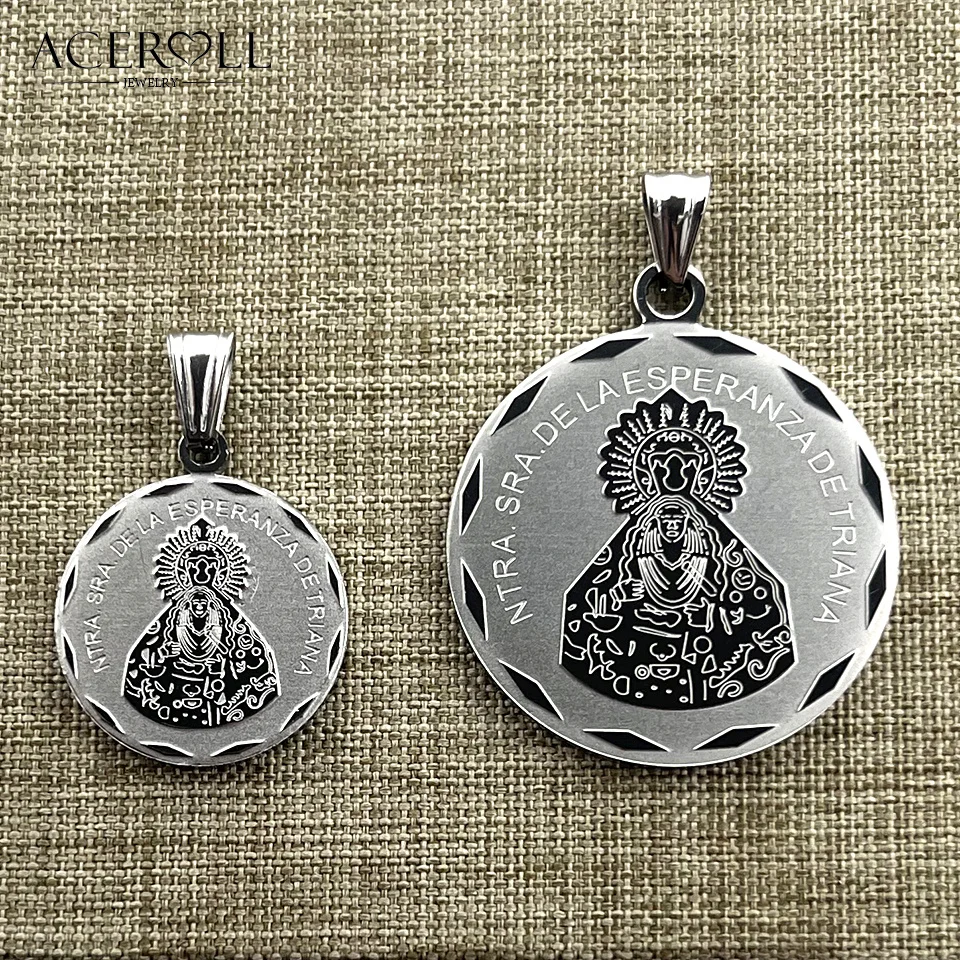 ACEROLL Stainless Steel Catholic Pendant with OUR LADY OF HOPE OF TRIANA Medal Virgin of Hope