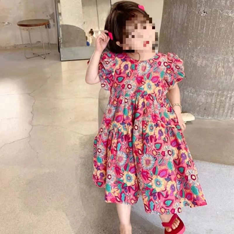 

Girls Casual Dresses Girls Skirt Flower Dress Short-sleeved Princess Skirt Summer New Children's Clothing for 3-8 Years Old