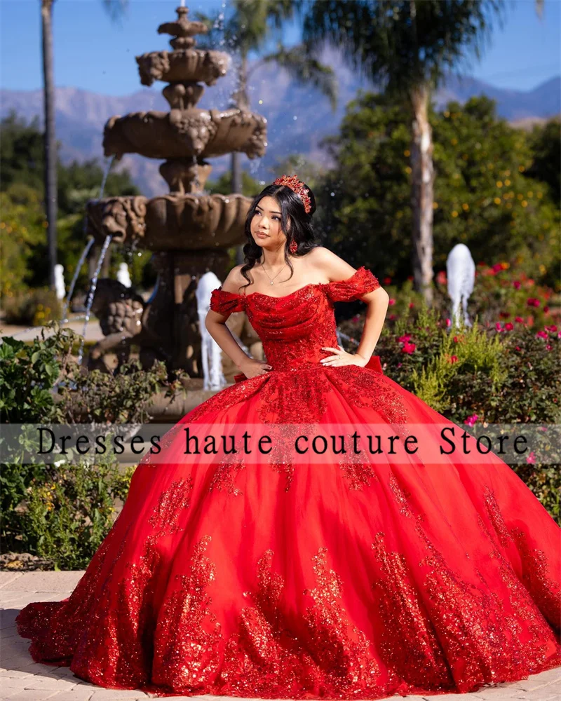 カスタマイズされたメキシコのQuinceaneraドレス,赤いレースのアップリケ,ボールガウン,ビーズのコルセット,弓,16ドレス,15歳,25歳,2025