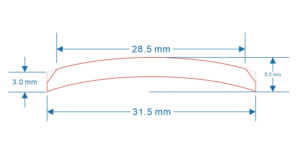 31,5x5,2x3mm Doppelkuppel-Saphirkristall mit großer Fase, blau/rot AR-beschichtetes Glas – Detail 1