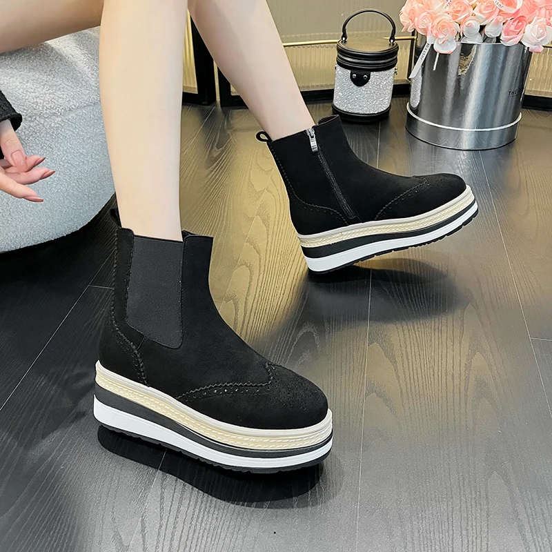 

ZOOKERLIN Round Toe Platform Wedges Women's Boots Block Zipper Short Tube Ankle Boots Black Elastic Band Chelsea Shoes For Women