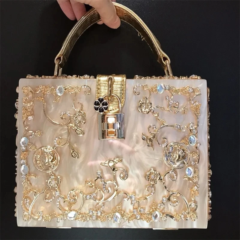 High-Grade crystal Evening Bag Female New Hollow Out Metal Carved Flower Diamond Handbag Box Fashion Chic Shoulder Crossbody Bag