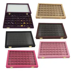 54 Section Velvet Glass Lid Jewelry Ring Display Organiser Case