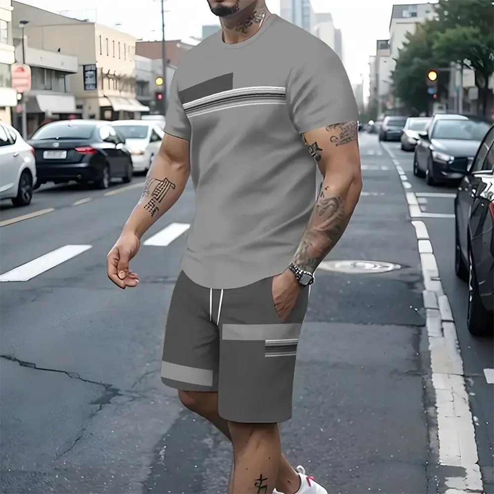 Men\'s 2Pcs Outfits Fashion Casual Crew Neck Short Sleeve T-shirt And Drawstring Shorts Set Summer Sportwear Sets Men\'s Clothing