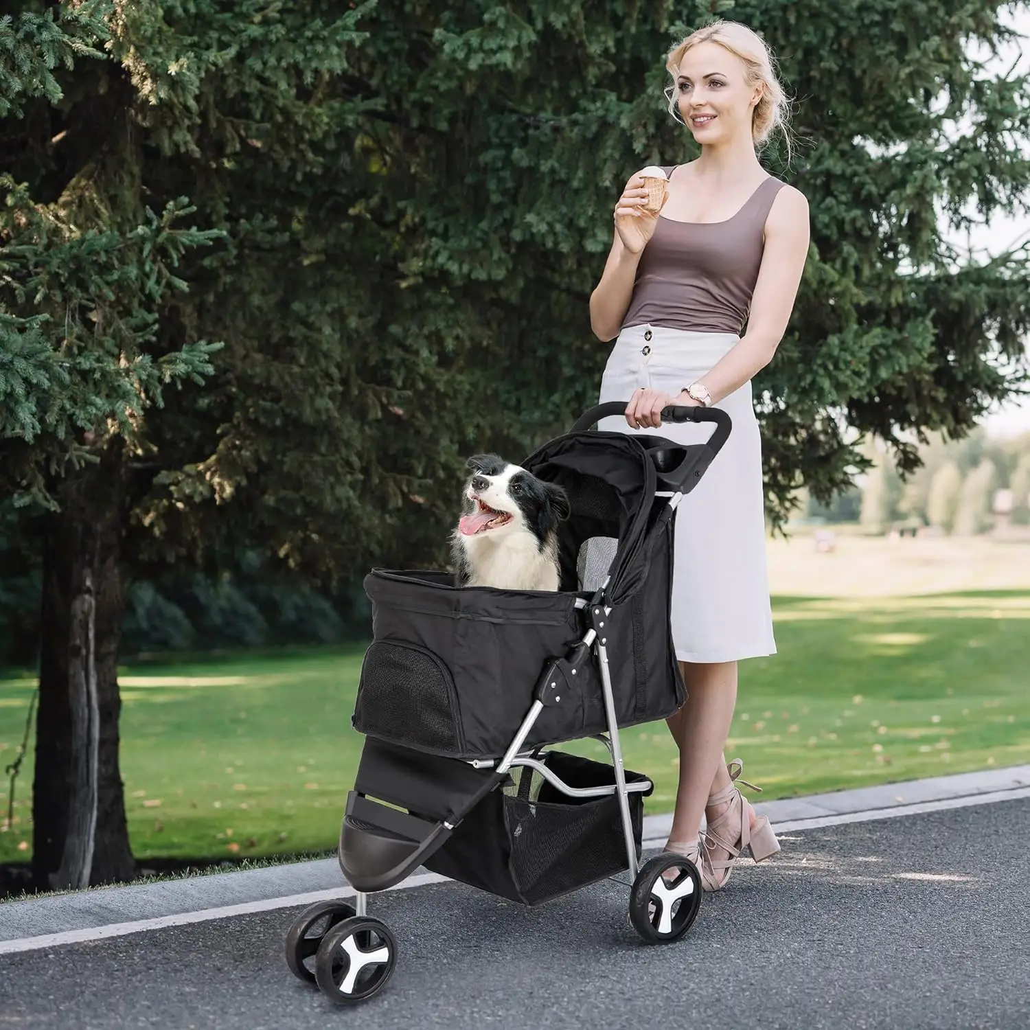 Foldable Pet Stroller, Cat/Dog Stroller with 3 Wheel, Pet Strolling Cart, Dog Travel Carrier with Storage Basket + Cup Holder