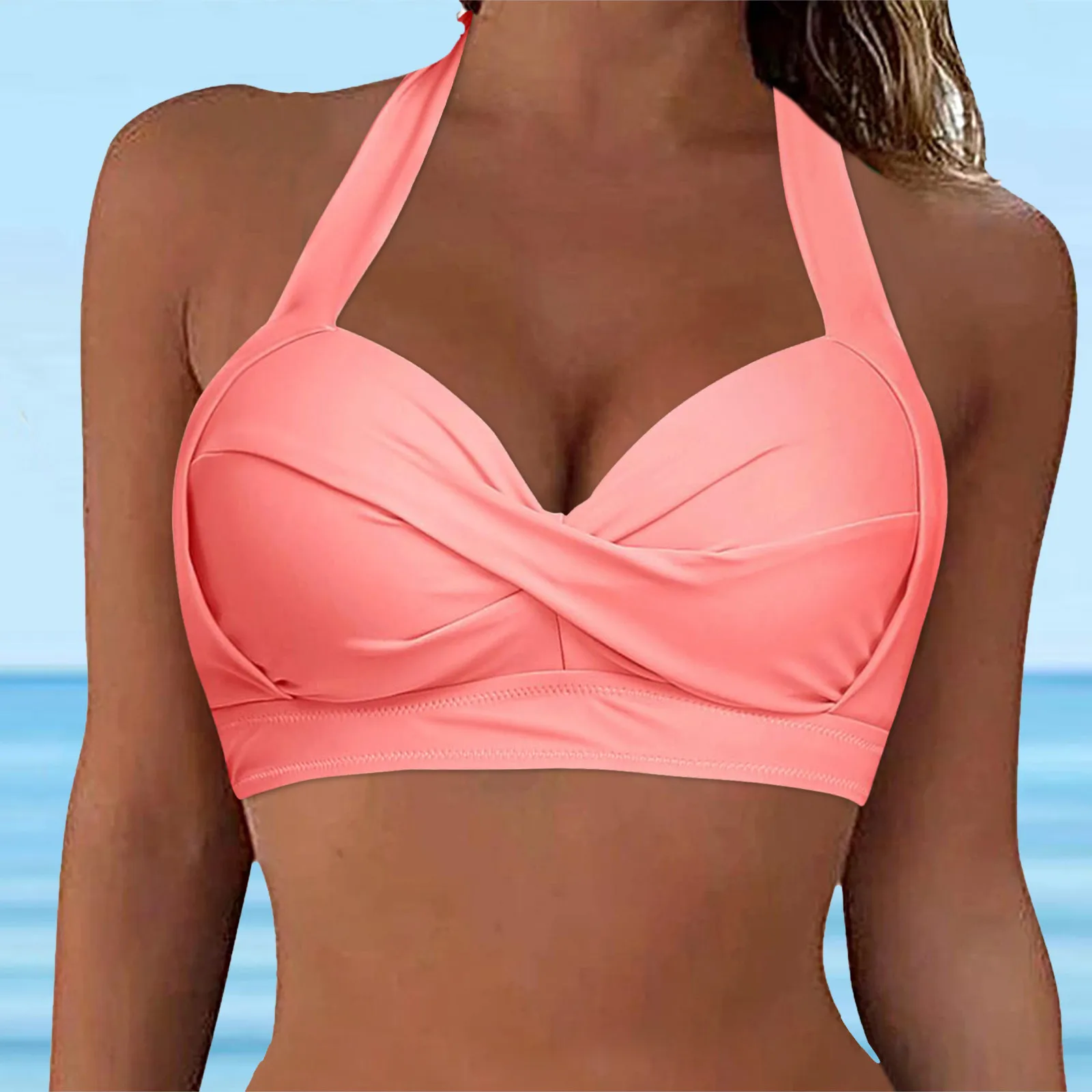 Women Lace Up Swimwear Tops Full Coverage Bikini Push Up Swim Crop Top Tie Back Beach Swimsuit Gathering Bras For Hot Summer