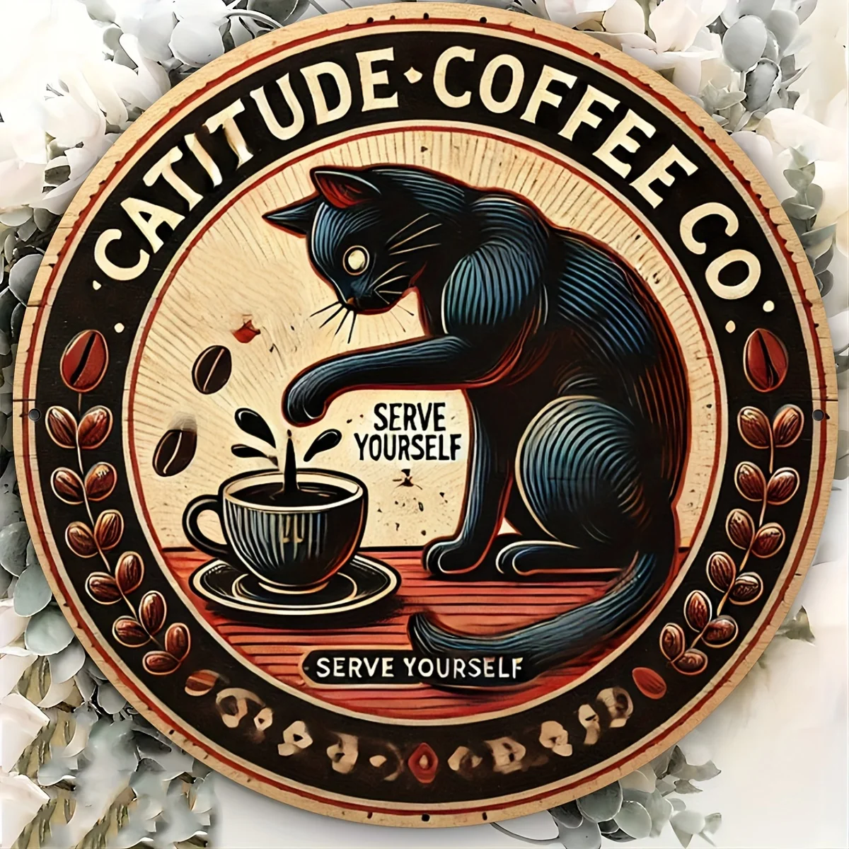 Catitude Coffee Company Aluminum Foil Engraved Logo - 8x8 inch mural decoration for home, kitchen, dining room, bedroom, garden,