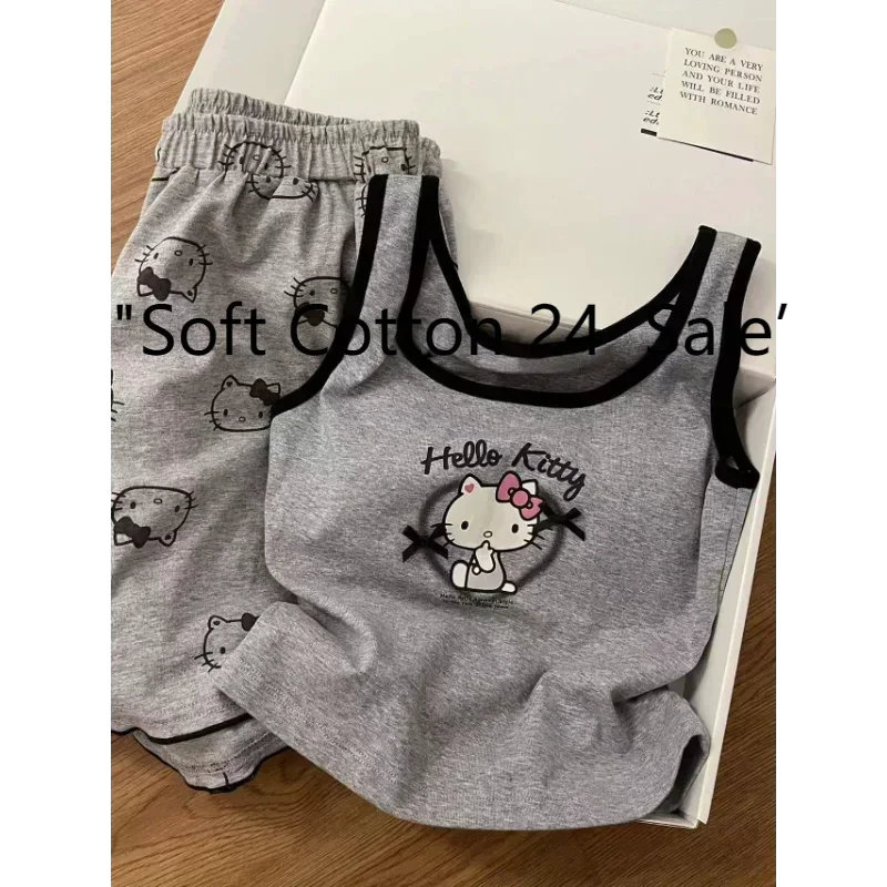 

grey Hello Kitty pajamas set, summer new casual loungewear set, Sanrio cartoon pajamas loungewear, vest pajamas two-piece set