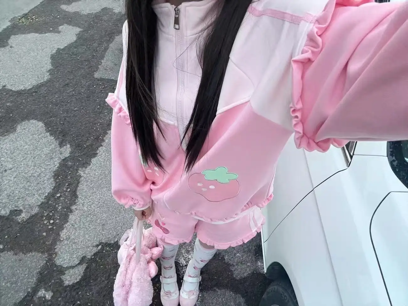 Pink Strawberry Coat Women+ Y2k High Waist Loose Wide Leg Shorts Japanese Kawaii Sweet 2026 Autumn New Two Piece Sets