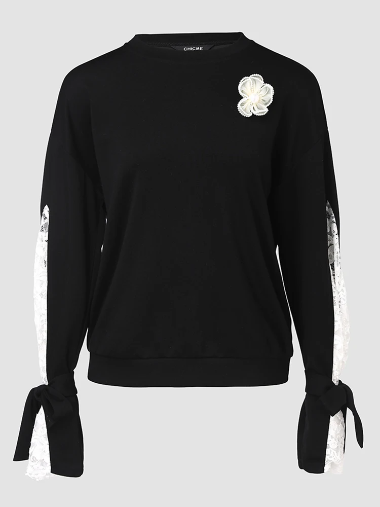 Colorblock Floral Pattern Lace Patch Sweatshirt