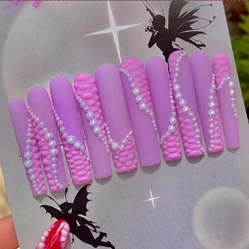 

Handmade Purple XXXL Long Press On Nails Y2K Glitter Rhinestone False Nails Reusable Thick Acrylic Fake Nail With Glue Manicure