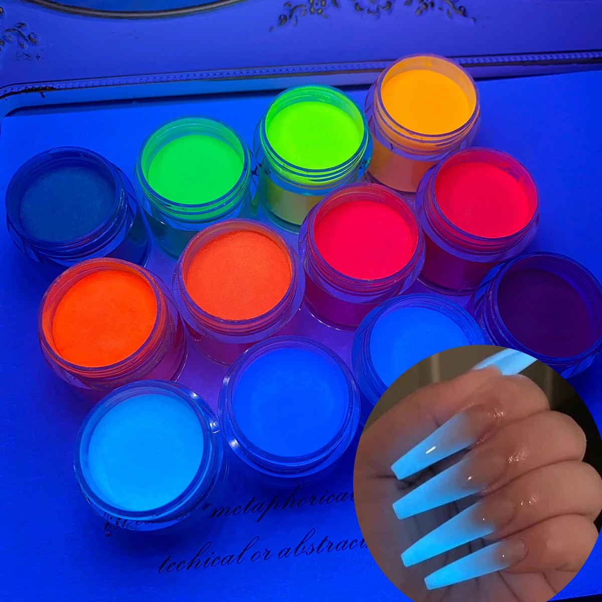 12pcs/Set Luminous Acrylic Powder For Nail Art Dust Glow In Dark Pigment Nail Professional Dip Dust Manicure Glitter Nail Powder