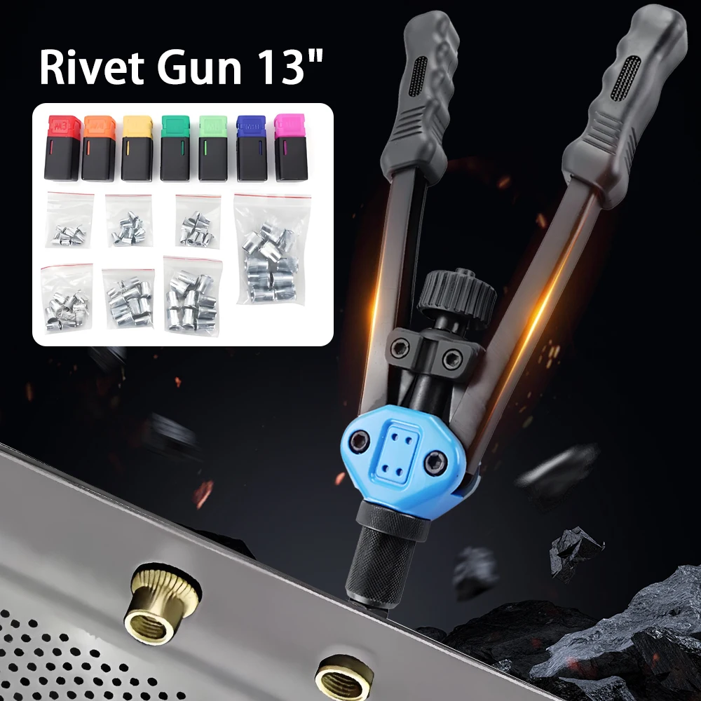 

Заклепочный пистолет 13 дюймов, ручной заклепочный пистолет с набором заклепок M3-M12 — пистолет для заклепок с двойной ручкой для глухих заклепок, алюминиевых заклепок, стальных заклепок