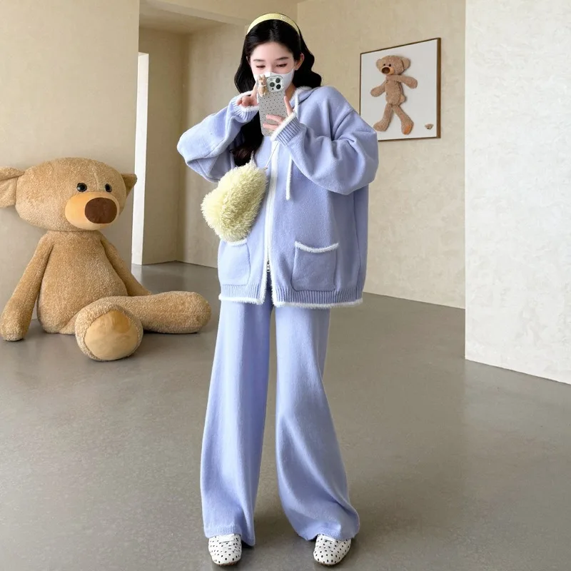 Pantaloni lavorati a maglia Vestito da donna Autunno allentato Colore a contrasto Cerniera con cappuccio Maglione pigro Pantaloni a gamba larga Inverno 2025 Nuovo set a due pezzi