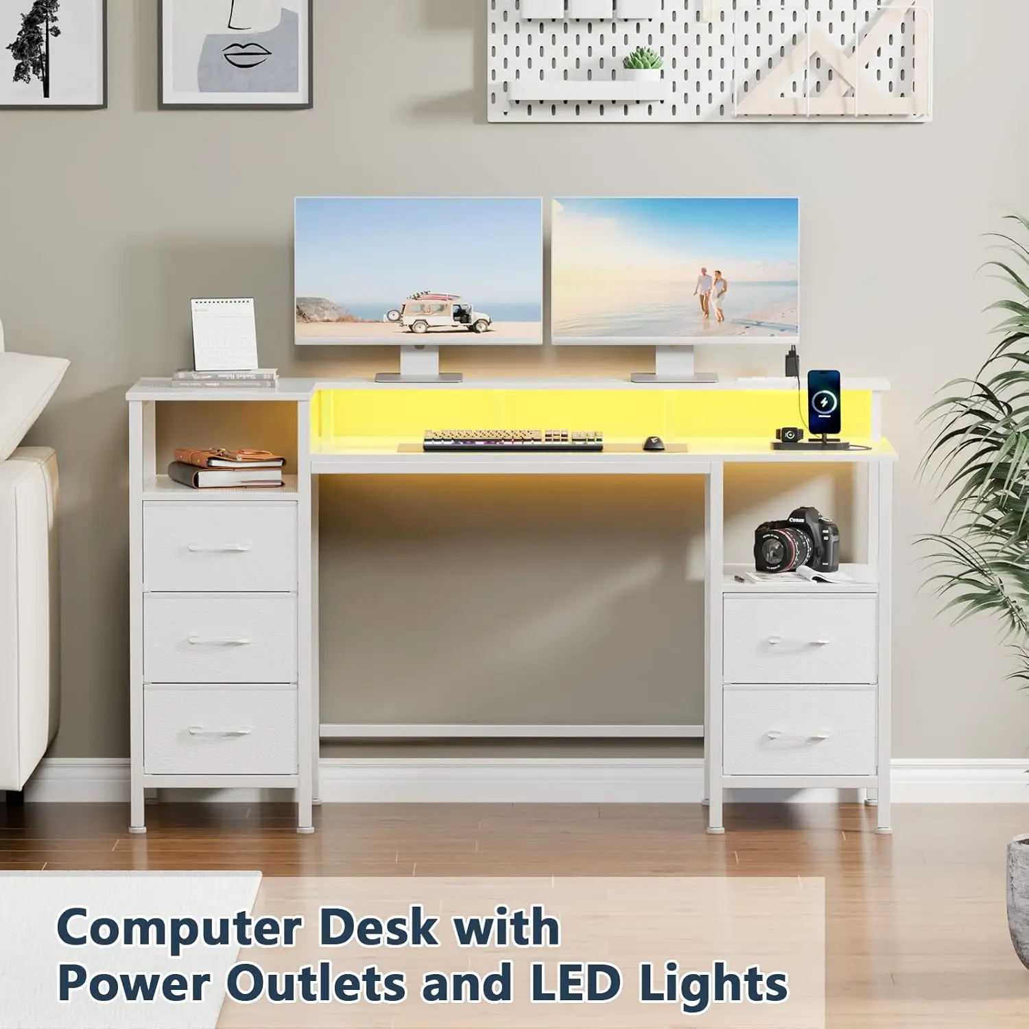 Bureau d'ordinateur blanc avec prises de courant et lumières LED, bureau de jeu réversible avec 5 rangements en tissu