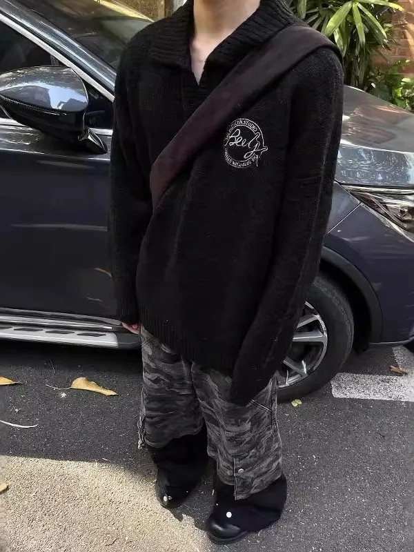 

Осень-зима ey Lazy Sle, мягкий уютный трикотаж с воротником и вышивкой, свободная универсальная верхняя одежда для пар, мужской свитер