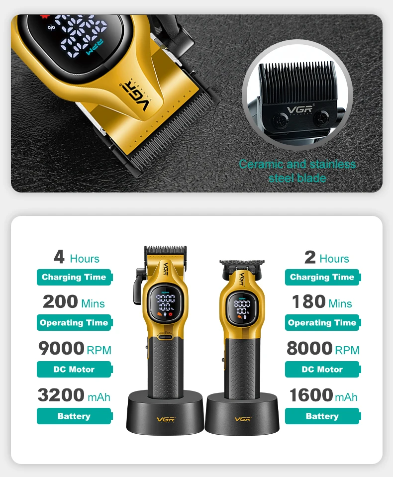 Vgr 886 conjunto de máquina de cortar cabelo masculina 9000 rpm máquina de corte de cabelo recarregável conjunto completo base aparadores de cabelo homem 37