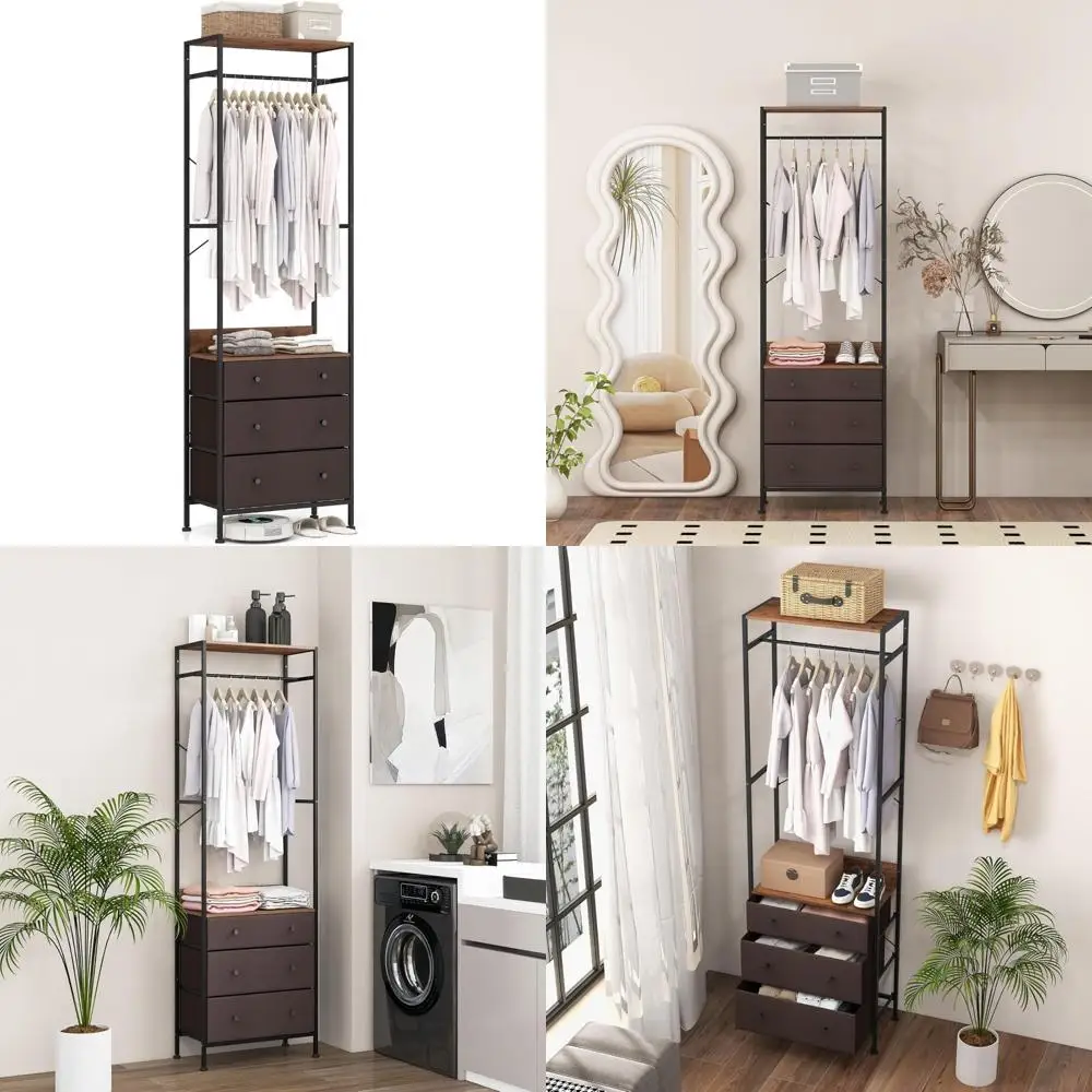 

Clothing Rack with Adjustable Hanging Rod, Storage Shelves, Anti-Tip Devices, and Drawers