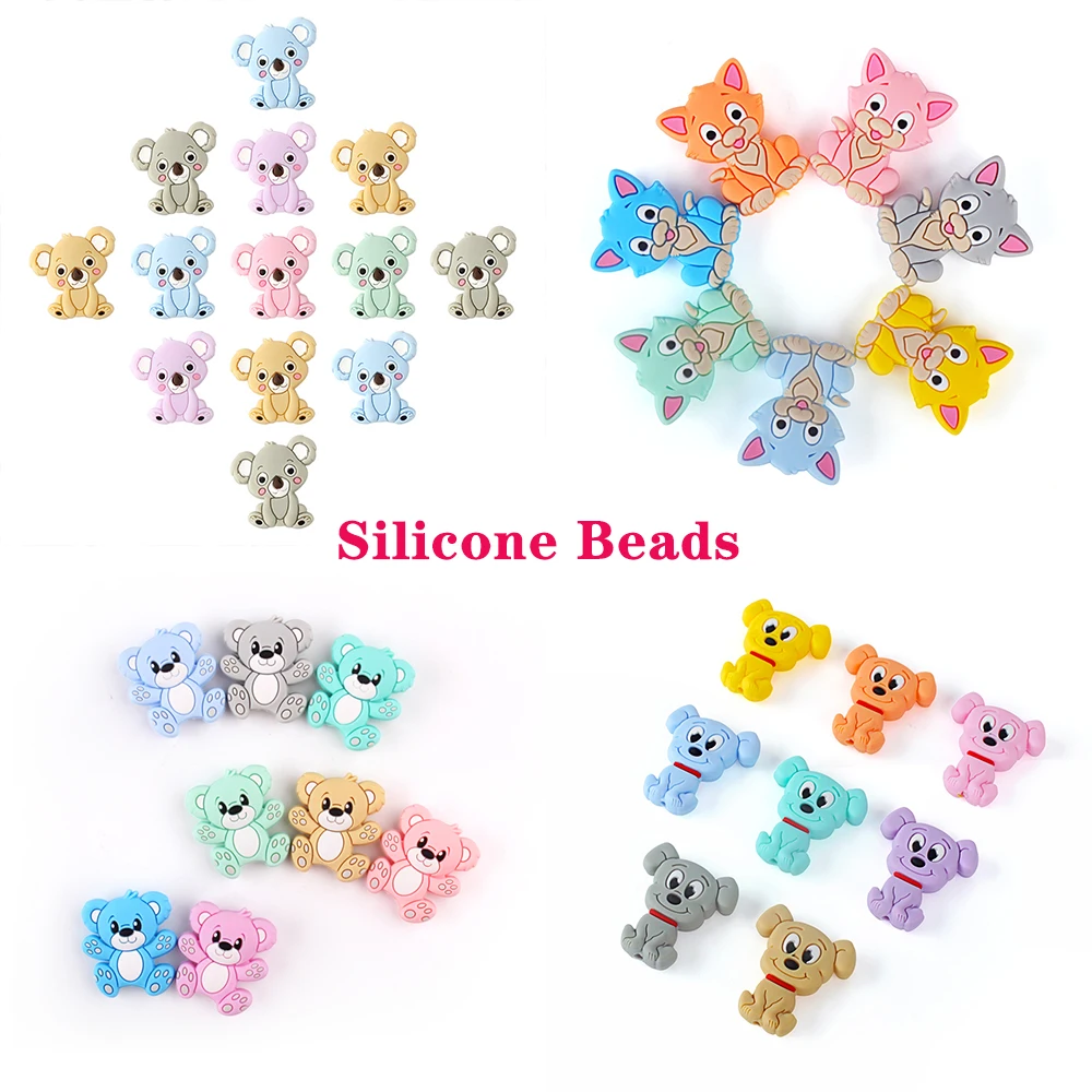 5/20/50pcs Silicone Beads Animal Focal Beads Unicorn koalas Loose Round Bead DIY Beaded Pen Keychain Pendant For Jewelry Making