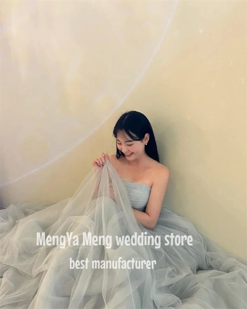 ZHUISHU Simple Soft Tulle Korea Princess Prom Dresses Strapless Lace Up Evening Gown Wedding Photo shoot Floor Length Customized