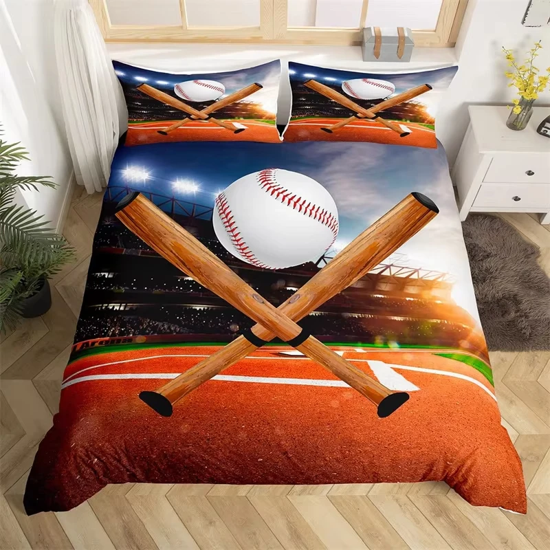 Boys Baseball Duvet Cover Teens Sports Theme Bedding Set Microfiber 3D Baseball Bat Gloves Comforter Cover Twin King Queen Size