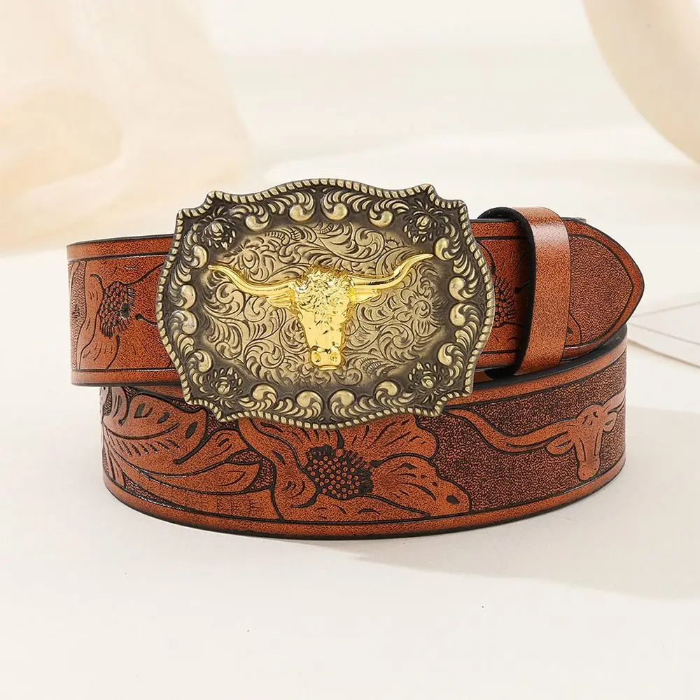 Cinturón de vaquero occidental con diseño de toro Retro para hombre, cinturón ancho Vintage, cinturón con hebilla de cuero PU, accesorios de ropa para hombre