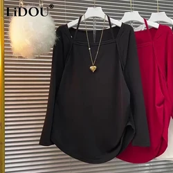 Primavera autunno nuovo colore solido moda manica lunga t-shirt donna High street Casual scava fuori vivaci pullover eleganti top