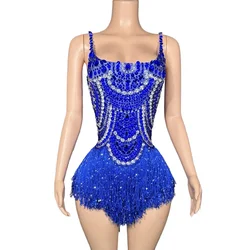 Body azul brillante con borlas de diamantes de imitación para mujer, traje de baile Sexy para espectáculo, traje de club nocturno, ropa de escenario para cantante y bailarina